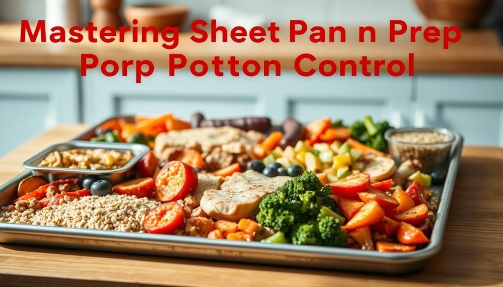 A neatly organized sheet pan filled with perfectly portioned servings of roasted vegetables, lean protein, and whole grains. The pan is placed on a wooden kitchen counter, bathed in soft, natural lighting that accentuates the vibrant colors and textures. The background features light blue accents, hinting at a cozy, minimal kitchen atmosphere. The overall scene conveys a sense of control, efficiency, and mindful meal preparation, perfectly capturing the essence of 