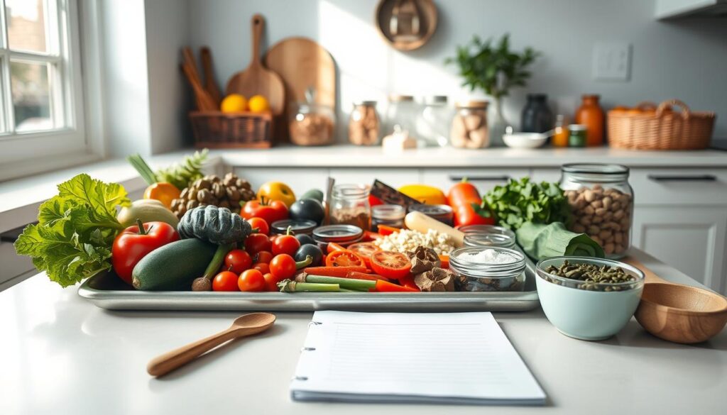 A neatly organized sheet pan filled with various colorful fresh produce, spices, and pantry staples arranged in a visually appealing layout, illuminated by soft, natural lighting filtering through a kitchen window. In the foreground, a crisp white notepad with a handwritten meal prep shopping list, surrounded by a few wooden kitchen utensils. The mid-ground features glass jars, wicker baskets, and ceramic bowls containing dry goods, herbs, and other meal prep essentials. The background showcases a minimalist, light blue-toned kitchen with clean, uncluttered countertops and a few simple decor items, creating a cozy, organized atmosphere.