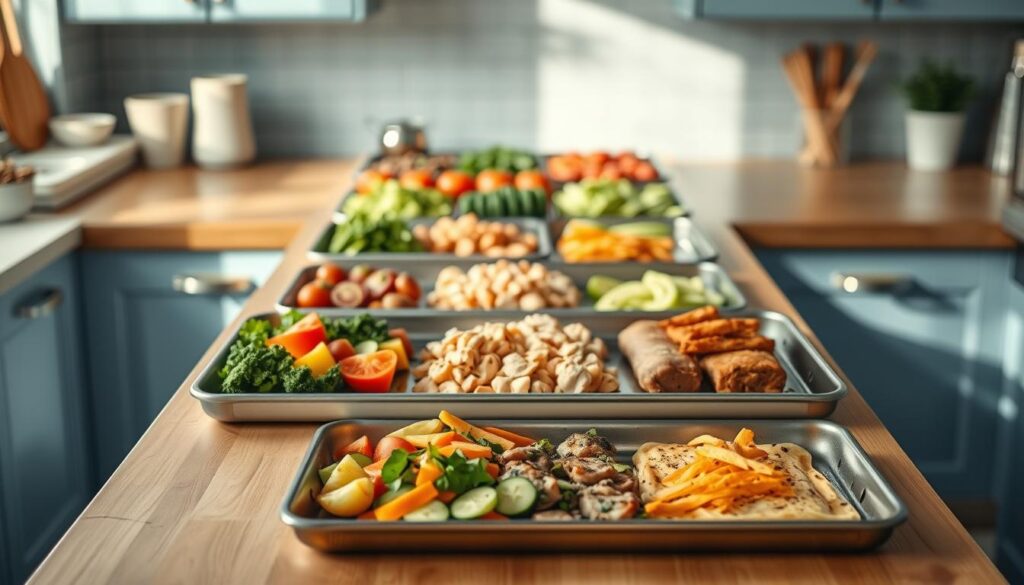 A neatly organized timeline depicting the step-by-step preparation of a sheet pan dinner, laid out on a wooden kitchen counter with light blue accents. The sequence showcases freshly chopped vegetables, seasoned proteins, and carefully arranged ingredients, all bathed in soft, natural lighting. The atmosphere conveys a sense of efficiency and culinary expertise, inviting the viewer to envision the delightful flavors and aromas of a world-inspired sheet pan meal.