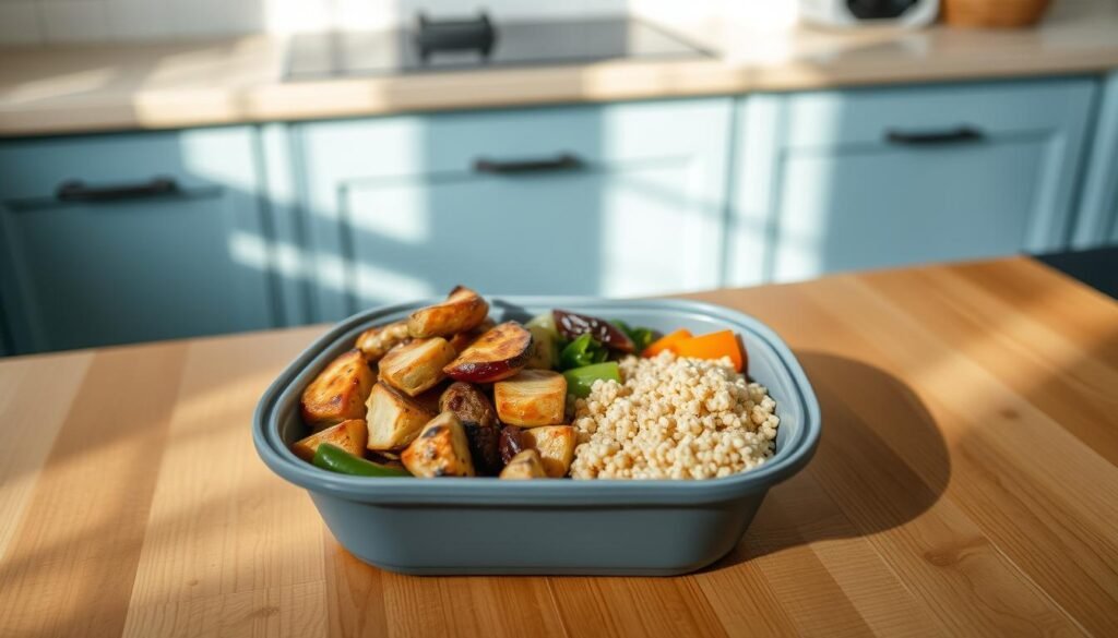 A neatly organized, visually appealing portion-controlled meal prep setup on a wooden kitchen counter with light blue accents. The meal consists of a balanced array of grilled chicken, roasted vegetables, and a small serving of quinoa, all arranged in a stylish bento-style container. Soft natural lighting casts subtle shadows, highlighting the clean, minimalist composition. The overall scene conveys a sense of effortless healthfulness and efficiency, reflecting the article's focus on navigating the benefits of office meal prep.