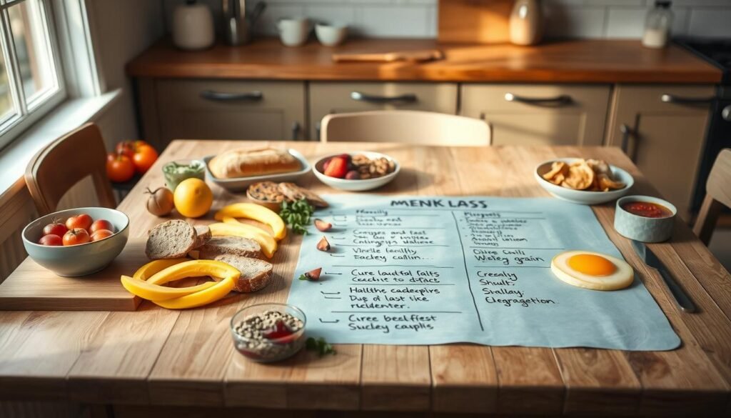 A neatly organized weekly breakfast menu laid out on a wooden kitchen table, with fresh fruits, whole grain breads, and healthy toppings arranged in a visually appealing composition. Soft natural lighting filters in through a nearby window, casting a warm glow over the scene. The menu itself is displayed on a light blue chalkboard, its handwritten items reflecting an artisanal, homemade aesthetic. An aura of simplicity and mindfulness pervades the space, inviting the viewer to plan their energizing and nutritious breakfast routine for the week ahead.