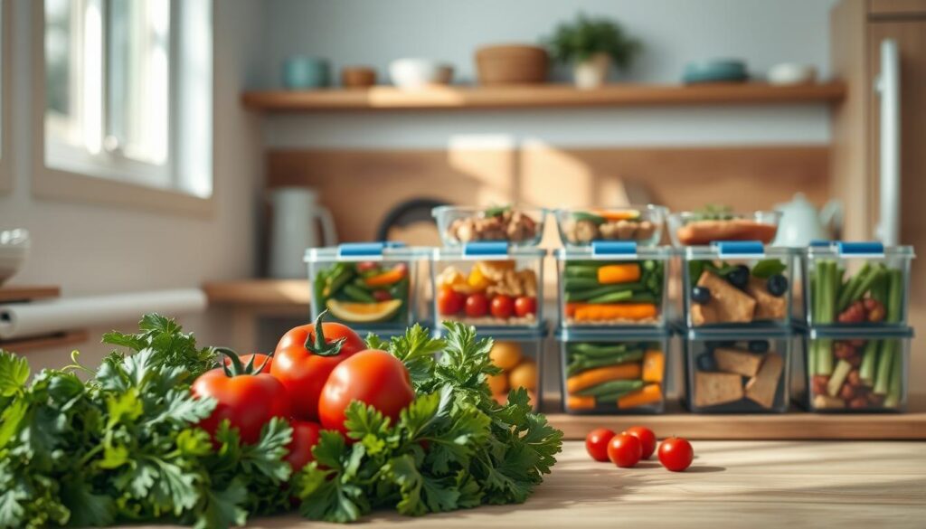 A neatly organized weekly meal calendar, with carefully arranged compartments for breakfast, lunch, and dinner. Vibrant, fresh produce in the foreground - crisp leafy greens, juicy tomatoes, and vibrant berries. In the middle ground, glass meal prep containers with homemade meals, each labeled with the day of the week. The background features a cozy, minimal kitchen with warm wooden textures, light blue accents, and a sense of orderly calm. Natural light filters in, casting a soft glow over the scene. The overall atmosphere evokes a feeling of efficiency, intention, and a well-planned approach to staying nourished while on the go.