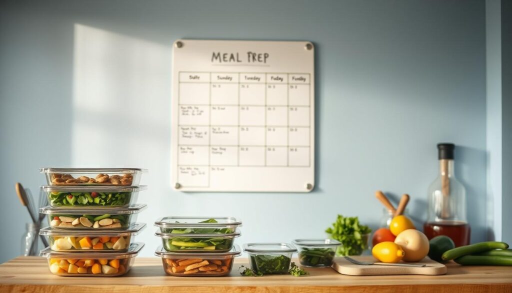 A neatly organized weekly meal prep schedule displayed on a whiteboard hanging on a light blue kitchen wall. In the foreground, a stack of glass meal prep containers with healthy, vibrant meals. The middle ground features cooking utensils, a cutting board, and fresh produce scattered across a wooden countertop. Soft, warm lighting casts a cozy ambiance throughout the scene, creating a serene and efficient atmosphere for meal planning and preparation.