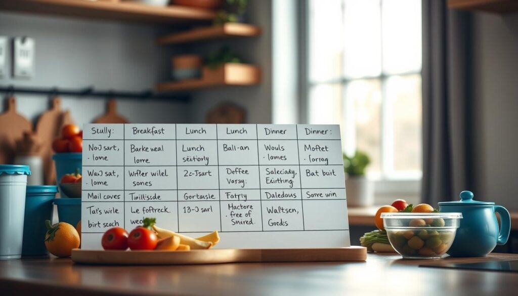 A neatly organized weekly meal prep schedule displayed on a wooden kitchen counter, with colorful containers, fresh produce, and a minimalist blue and white color palette. The schedule is handwritten in a clean, legible script, detailing balanced meals for breakfast, lunch, and dinner. Soft, natural lighting from a nearby window casts a warm glow, creating a sense of tranquility and efficiency. The overall composition emphasizes the importance of planning and preparing nutritious meals to maintain a healthy lifestyle.