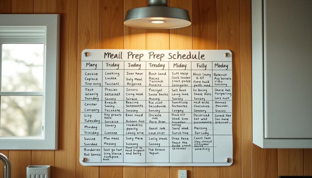 A neatly organized weekly meal prep schedule displayed on a wooden kitchen wall, with a light blue accent border. The schedule features clean, legible handwritten entries in black ink, divided into seven weekdays with meal and ingredient lists. Soft, diffused lighting from overhead casts a warm, inviting glow, highlighting the schedule's practical yet visually appealing design. The overall atmosphere is one of efficiency, productivity, and a well-thought-out approach to meal planning and preparation.