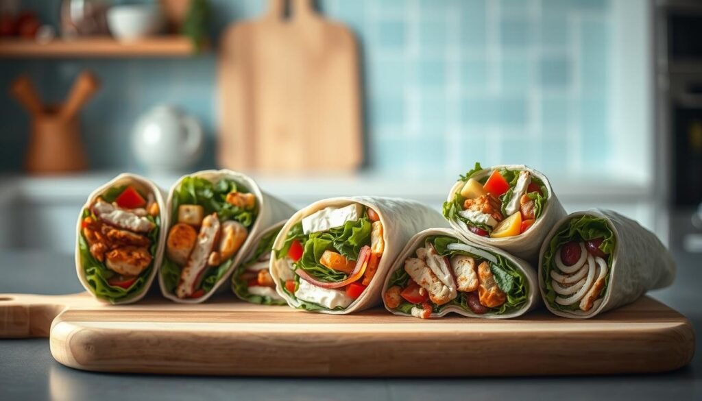 A neatly packed assortment of sandwich wraps arranged on a wooden cutting board against a light blue kitchen backdrop. The wraps feature a variety of fillings such as grilled chicken, crisp veggies, and creamy spreads, showcasing their versatility as a wholesome, portable lunch option. Soft natural lighting casts a warm glow, highlighting the inviting textures and colors of the meal prep. The minimalist scene exudes a sense of effortless organization and practical nutrition for the busy professional.