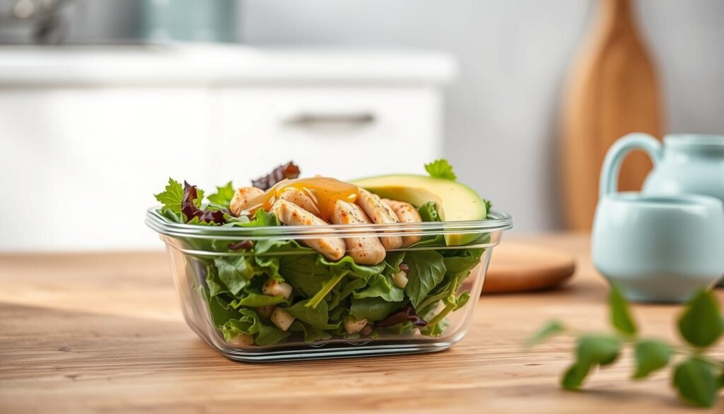 A neatly prepared Whole30 compliant cold lunch, featuring a glass food container with a salad of fresh greens, avocado, grilled chicken, and a drizzle of olive oil dressing, placed on a wooden table with light blue ceramic accents. The scene is captured in a soft, natural lighting, highlighting the vibrant colors and textures of the healthy meal. The minimalist kitchen backdrop provides a clean, serene atmosphere, allowing the Whole30 meal to take center stage.