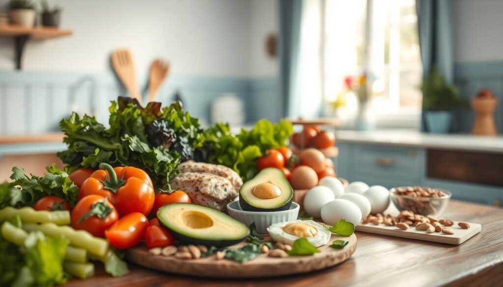 A nourishing and heart-healthy assortment of nutrient-dense meal components arranged on a wooden table in a cozy, minimalist kitchen with light blue accents. Crisp, vibrant produce including leafy greens, tomatoes, bell peppers, and avocado slices are complemented by high-protein foods like grilled chicken, eggs, and nuts. The scene is bathed in warm, natural lighting, creating a calming atmosphere to inspire wholesome meal preparation.