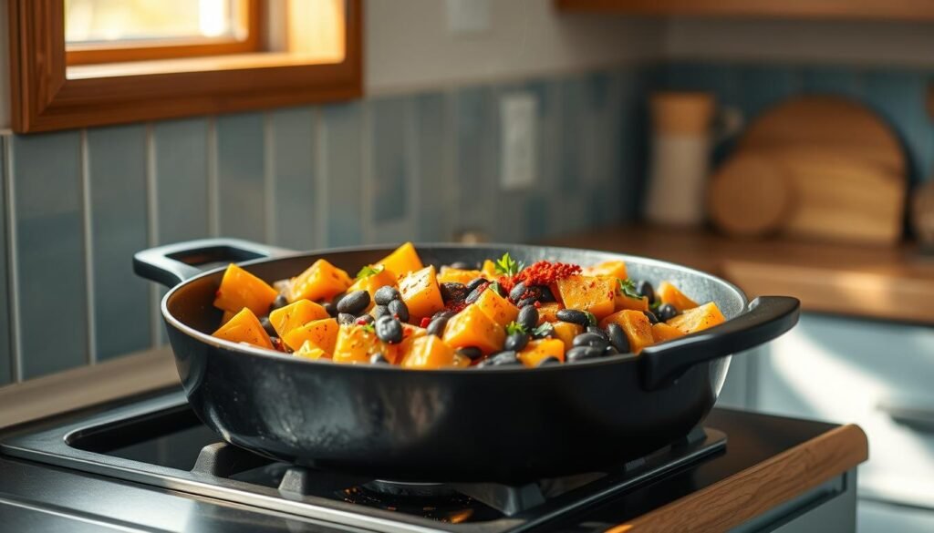 A nourishing and vibrant scene in a cozy, minimal kitchen with wooden textures and light blue accents. A large cast iron skillet rests on the stovetop, simmering with a fragrant combination of sweet potatoes, black beans, and spices. The rich, earthy tones of the vegetables are highlighted by the warm, natural lighting streaming in through the window. Fresh herbs and a sprinkle of crushed red pepper add pops of color and texture. The simple, uncluttered space emphasizes the wholesome, homemade nature of the meal, inviting the viewer to savor the comforting flavors and nourishing ingredients.