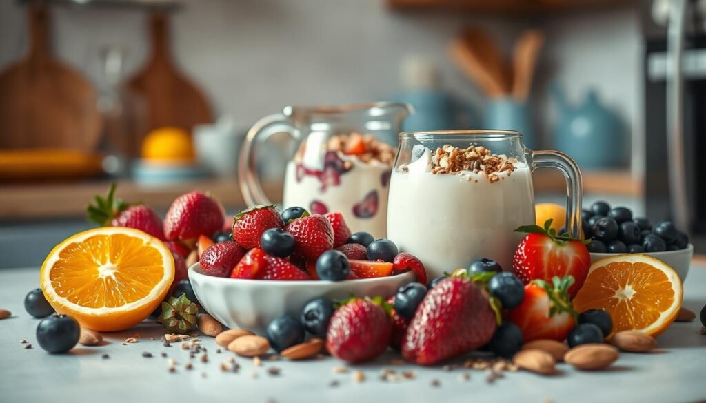A nourishing arrangement of fresh ingredients for a wholesome breakfast. In the foreground, a selection of vibrant fruits such as sliced oranges, ruby-red strawberries, and plump blueberries. In the middle ground, a glass pitcher filled with creamy yogurt, topped with a sprinkling of crunchy granola. Along the edges, a scattering of raw almonds and chia seeds. The scene is set against a backdrop of a cozy, minimal kitchen environment, with warm wooden textures and light blue accents, bathed in soft, natural lighting. No hand or human presence visible, allowing the pure, uninterrupted focus on the nutritious breakfast ingredients.