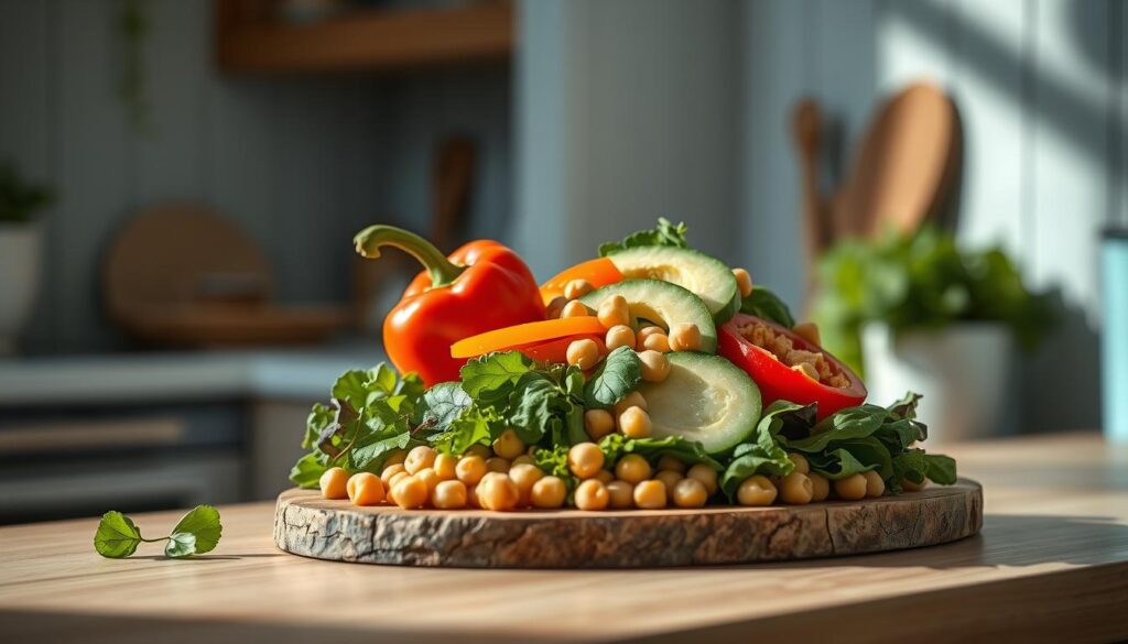 A nourishing arrangement of fresh, seasonal ingredients for an anti-inflammatory lunch, captured in a cozy, minimal kitchen with warm wooden textures and light blue accents. A vibrant pile of leafy greens, vibrant bell peppers, creamy avocado, protein-rich chickpeas, and crisp cucumber slices are artfully displayed on a rustic wooden board, bathed in soft, diffused lighting. The composition emphasizes the vibrant colors and natural textures of these wholesome, anti-inflammatory foods, inviting the viewer to savor a delicious and nourishing midday meal.