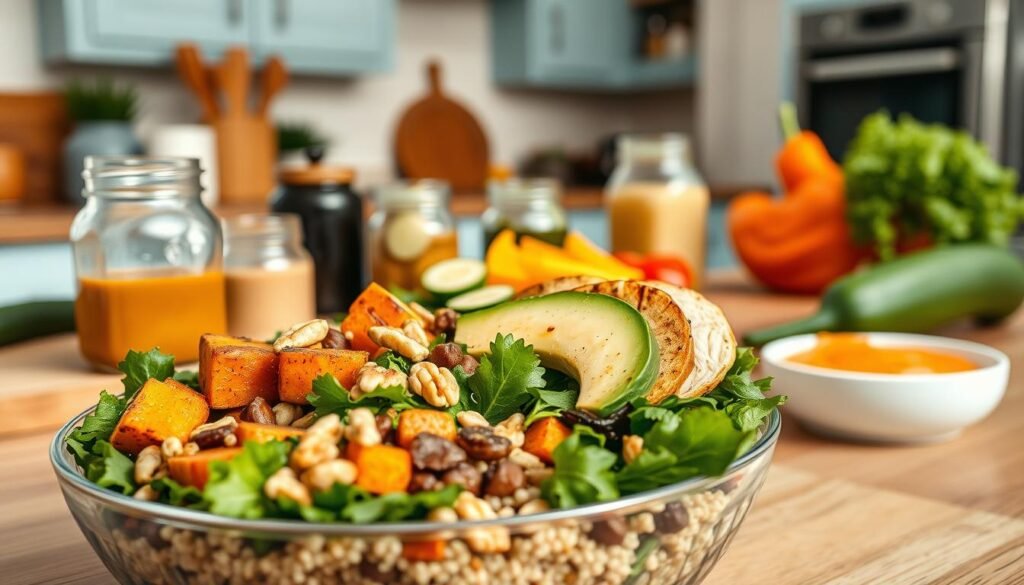 A nourishing array of freshly prepared ingredients arranged in a balanced meal prep bowl. In the foreground, a bed of leafy greens and quinoa is topped with roasted sweet potatoes, grilled chicken, avocado slices, and a sprinkle of toasted nuts. In the middle ground, jars of homemade dressings and dips sit alongside a cutting board with sliced cucumber and bell peppers. The background features the cozy kitchen setting, with warm wooden accents, light blue cabinets, and soft, natural lighting illuminating the scene. The overall mood is one of clean, wholesome eating and meal planning efficiency.