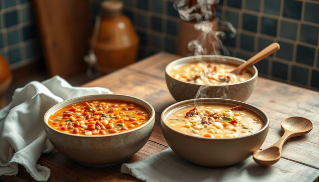 A nourishing feast of bean and lentil soups simmers on a rustic wooden table, bathed in the warm glow of a cozy kitchen. Vibrant red lentils mingle with creamy white beans, their aromatic blend heightened by the subtle blue accent tiles lining the walls. Wisps of steam rise from the bowls, inviting a satisfying sip. Wooden spoons and a simple white towel complete the homey, minimalist scene, capturing the comfort and nutrition found in these hearty, wholesome soups.
