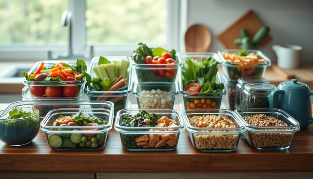 A nourishing meal prep display on a wooden kitchen counter, with a variety of colorful, nutrient-dense ingredients artfully arranged. Sleek glass meal containers hold salads, steamed vegetables, lean proteins, and whole grains, all bathed in soft, natural lighting. The scene exudes a sense of balance, organization, and the benefits of a consistent, wholesome approach to office lunch preparation. Minimal blue-toned accents complement the warm wooden tones, creating a calming, inviting atmosphere.
