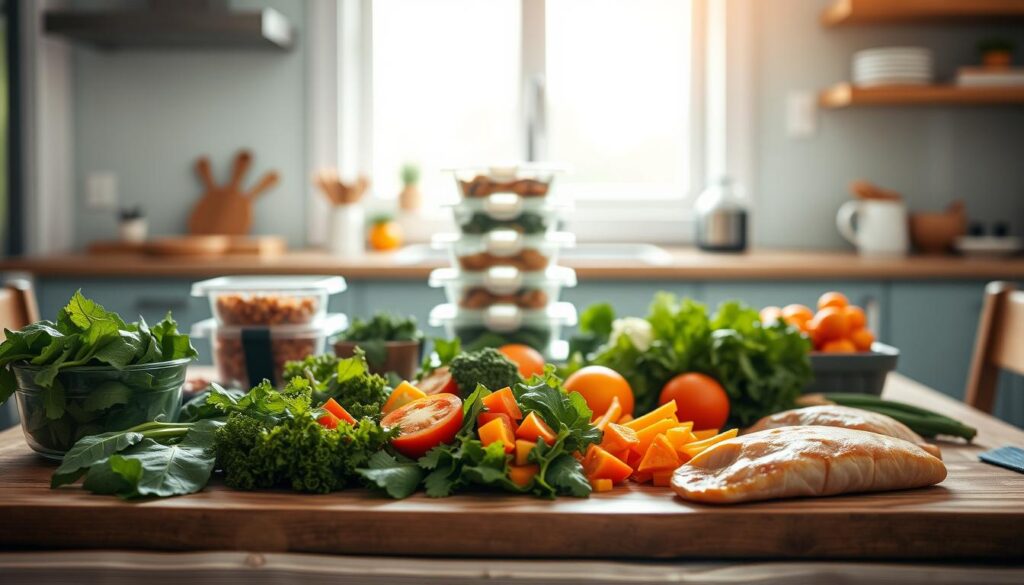 A nourishing meal prep spread laid out on a rustic wooden table, bathed in soft natural lighting from a large window. In the foreground, a collection of colorful, fresh ingredients - leafy greens, vibrant vegetables, and lean protein. In the middle ground, simple yet practical meal prep containers, their lids stacked neatly. The background features a minimal, light blue-accented kitchen, its surfaces free of clutter, reflecting the efficient, fuss-free nature of this nutritious meal prep routine. An atmosphere of calm organization and wellness permeates the scene, inspiring productivity and mindful nourishment.