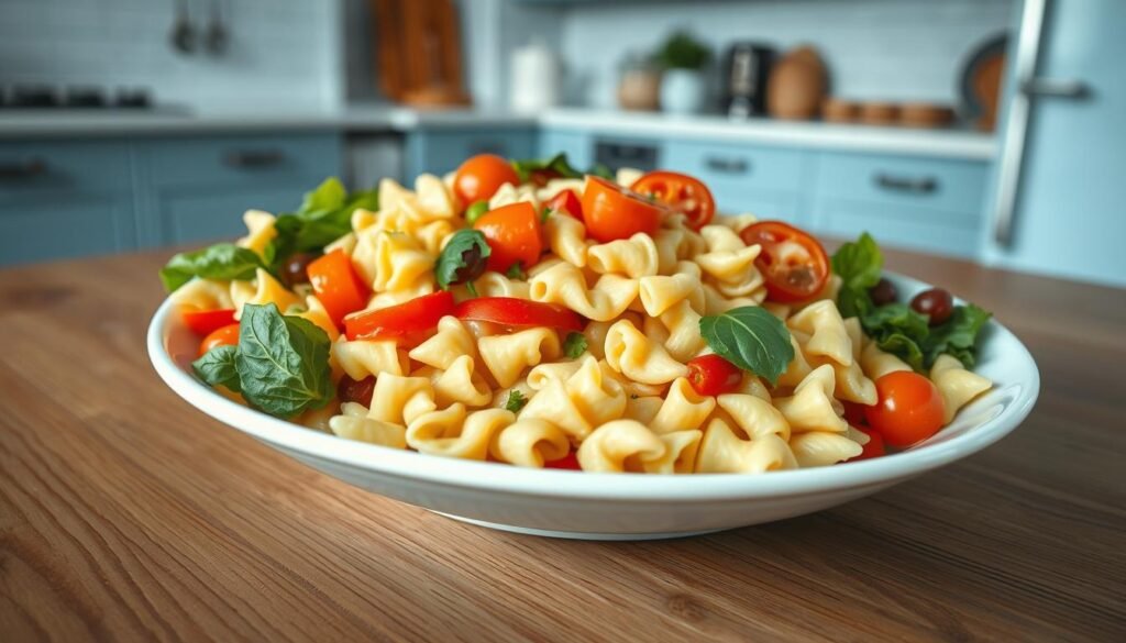 A nourishing pasta salad meal prep with vibrant vegetables, tender bowtie pasta, and a zesty vinaigrette dressing. The salad is arranged on a wooden table in a cozy, minimalist kitchen with light blue accents. The arrangement is captured in soft, natural lighting with a slightly low camera angle to emphasize the meal's freshness and homemade appeal. Subtle shadows add depth, while the wooden textures and clean lines create a warm, inviting atmosphere. The overall composition highlights the satisfying, make-ahead nature of this cold lunch recipe.