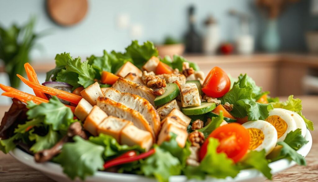 A nourishing protein-packed salad featuring an array of fresh, vibrant ingredients. In the foreground, a variety of leafy greens, crisp vegetables like carrots and cucumbers, and grilled chicken breast or tofu cubes, artfully arranged. In the middle ground, a scattering of nutrient-dense toppings such as avocado slices, hard-boiled eggs, cherry tomatoes, and a sprinkle of nuts or seeds. The background showcases a cozy, minimal kitchen with wooden textures and light blue accents, creating a serene, appetizing scene. Soft, natural lighting casts a warm glow, highlighting the freshness and nutritional value of this wholesome, protein-packed salad.