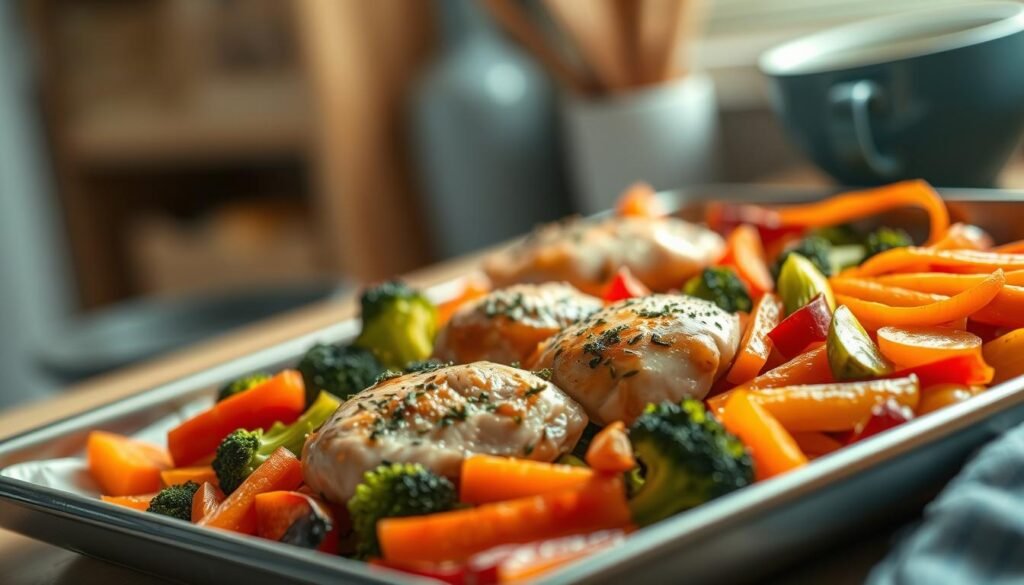 A nourishing sheet pan dinner featuring juicy chicken thighs and a vibrant medley of roasted vegetables - crisp broccoli florets, tender baby carrots, and vibrant bell pepper strips. Bathed in a harmonious blend of garlic, oregano, and a light drizzle of olive oil, the meal emanates an inviting aroma in a cozy, minimal kitchen with warm wooden textures and light blue accents. Soft natural lighting casts a gentle glow, creating a soothing atmosphere for this balanced, wholesome dinner.