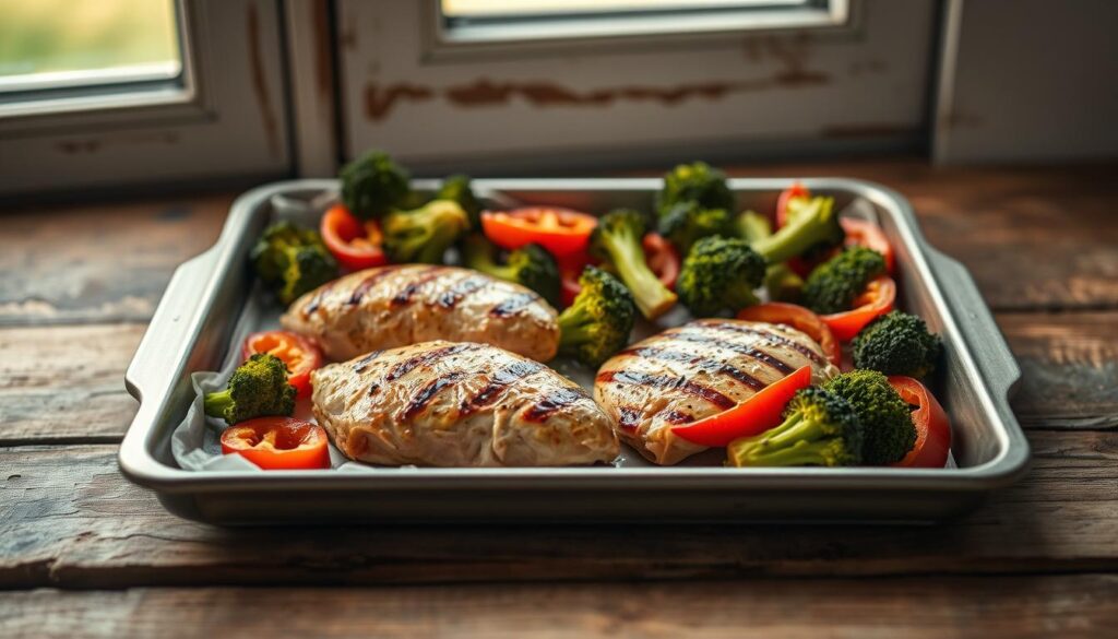 A nourishing sheet pan meal with grilled chicken breasts, roasted broccoli florets, and vibrant red bell pepper slices, all arranged in a balanced composition on a rustic wooden surface. Soft lighting from a window casts a warm glow, highlighting the natural textures and colors. The scene conveys a sense of simplicity and mindfulness, perfect for a healthy, fuss-free dinner.