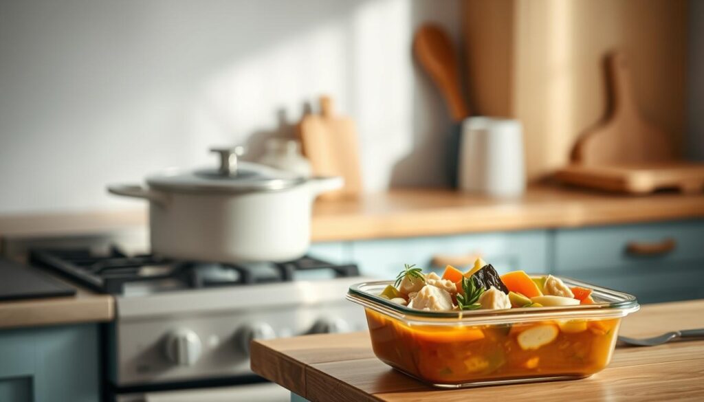 A nourishing soup simmers on the stove, its aromatic steam filling the cozy, minimal kitchen. Hearty vegetables and succulent chunks of protein float in a rich, flavorful broth, the perfect blend of textures and tastes. The crisp, light blue accents of the kitchen complement the warm, wooden tones, creating a harmonious, inviting atmosphere. A glass container filled with the savory soup sits on the counter, ready to be packed for an office lunch. Soft lighting casts a gentle glow, highlighting the appetizing display and conveying a sense of comfort and satisfaction. This scene is a testament to the nourishing, aesthetically-pleasing meal prep options that can elevate the workday experience.