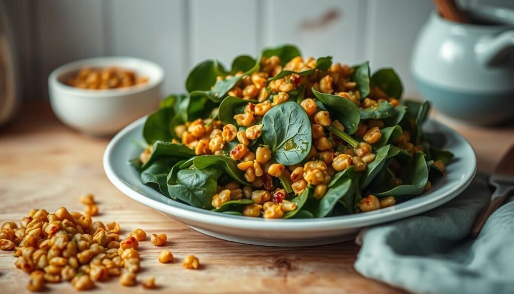 A nourishing spinach salad with a delightful crunch from crispy lentils takes center stage in a cozy, minimal kitchen. Vibrant green leaves are dressed in a tangy vinaigrette, artfully arranged alongside golden lentils that have been tossed in olive oil and crisped to perfection. The natural wooden textures and light blue accents provide a soothing, earthy backdrop, allowing the fresh, plant-based ingredients to shine. Soft, diffused lighting gently illuminates the scene, creating a welcoming, health-conscious atmosphere.