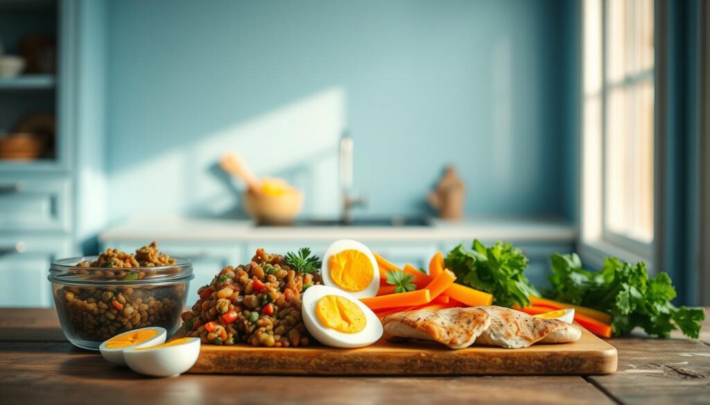 A nourishing spread of protein-rich midday meals arranged on a rustic wooden table against a light blue kitchen backdrop. Artfully composed lentil salad, hard-boiled eggs, grilled chicken breast, and a side of crunchy veggies like carrots and bell peppers. Soft, diffused lighting from a large window casts a warm glow, highlighting the vibrant colors and textures of the fresh, wholesome ingredients. The scene conveys a sense of simplicity, balance, and mindful nourishment - perfect for a portable, leak-proof cold lunch.