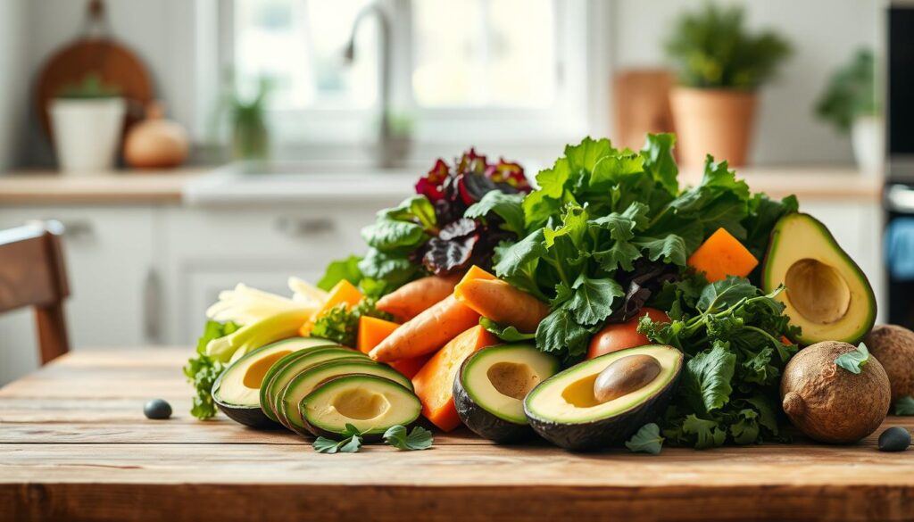 A nourishing tableau of vibrant veggies and healthy fats arranged artfully on a wooden table in a cozy, minimalist kitchen. Crisp greens, tender sweet potatoes, and creamy avocado slices bathed in soft, natural light. Hints of light blue accent the scene, creating a calming, balanced atmosphere. The composition emphasizes the abundance and appeal of these nutrient-dense ingredients, inviting the viewer to envision a delicious, wholesome meal.