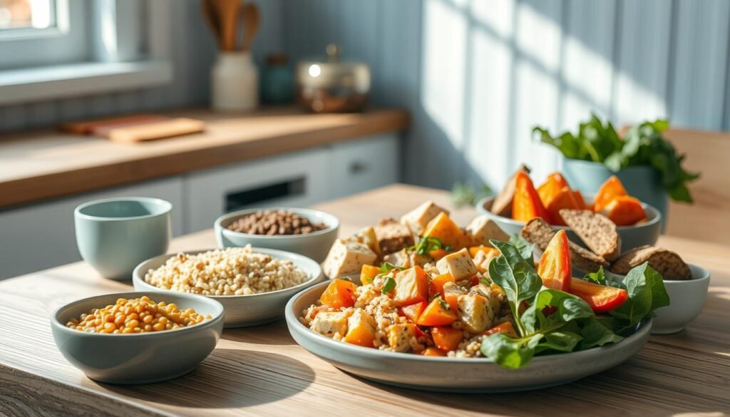 A nourishing vegan protein meal prep in a cozy, minimal kitchen with light blue accents and wooden textures. A variety of plant-based protein sources are artfully arranged on a wooden table, including lentils, tofu, quinoa, and roasted vegetables. The lighting is soft and natural, casting gentle shadows that accentuate the textures and colors. The overall mood is one of simplicity, balance, and wholesome goodness, inviting the viewer to imagine a satisfying and nutritious meatless lunch or dinner.