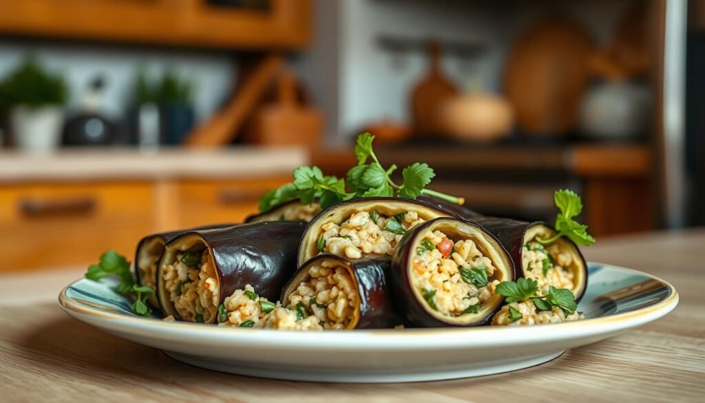 A nourishing vegetarian dish set against a cozy kitchen backdrop. Plump eggplant rolls filled with a savory risotto, the vibrant greens and soft textures creating a visually appealing centerpiece. Warm lighting casts a gentle glow, highlighting the wooden tones and muted blue accents that lend a sense of tranquility. The composition is balanced, with the plate angled to showcase the intricate layering of the components. An enticing, wholesome meal that embodies the essence of mindful, plant-based dining.