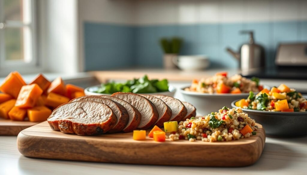 A perfectly cooked pork tenderloin on a wooden cutting board, accompanied by a variety of colorful, freshly prepared meal components such as roasted sweet potatoes, sautéed spinach, and a quinoa salad with diced vegetables. The scene is bathed in soft, natural lighting, highlighting the texture and vibrant hues of the dishes. The minimal kitchen interior features light blue accents and clean, wooden surfaces, creating a calming and inviting atmosphere ideal for meal preparation.