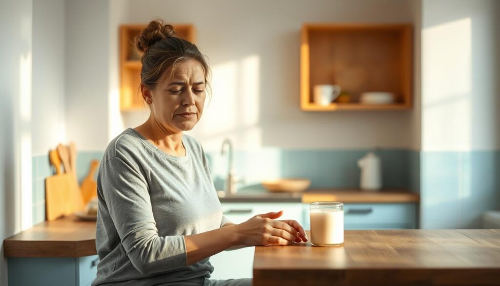 A person experiencing lactose intolerance symptoms, such as bloating, cramps, and diarrhea, sits at a wooden kitchen counter in a cozy, minimalist space. The lighting is soft and indirect, creating a warm, soothing atmosphere. The person's facial expression conveys discomfort, and their body language suggests they are trying to find relief. The background features light blue accents, adding a calming, inviting tone to the scene. The image captures the challenges of dealing with lactose intolerance in a relatable, empathetic manner.