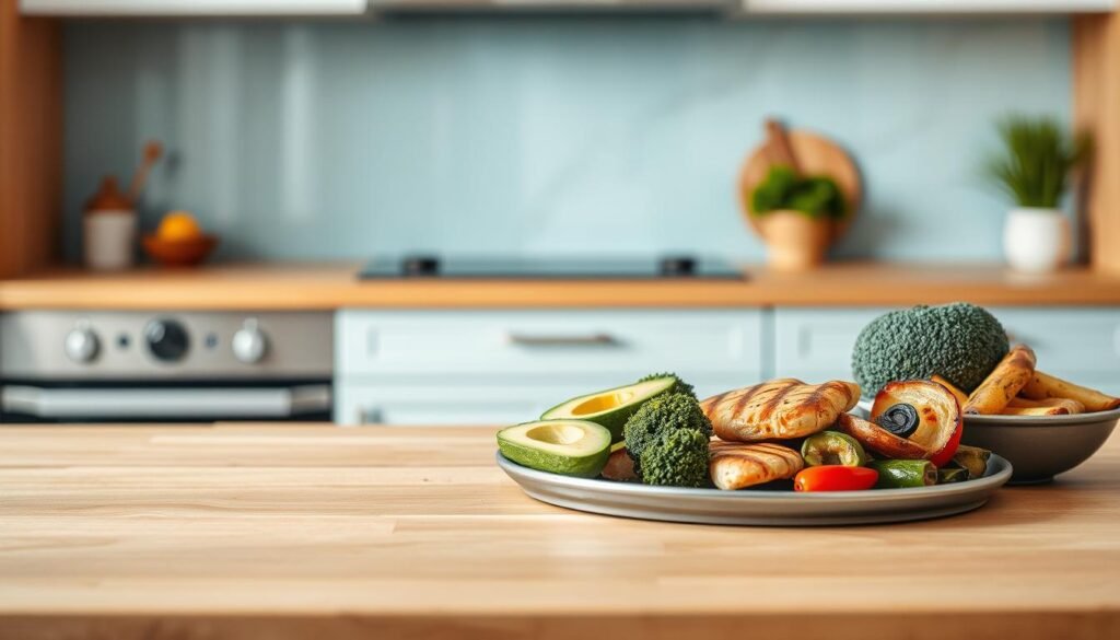 A photo of a keto-friendly meal prep on a wooden kitchen counter, with a minimalist and calming aesthetic. The foreground showcases a variety of low-carb ingredients, such as grilled chicken, avocado, broccoli, and a side of roasted vegetables, all arranged in a visually appealing manner. The middle ground features a sleek, light blue backsplash, complementing the warm wooden tones. The background is softly blurred, highlighting the focus on the delicious and nutritious meal. The lighting is natural and diffused, creating a soothing, cozy atmosphere. The overall image conveys the simplicity and health-conscious nature of a keto-friendly meal prep, reflecting the introduction to ketosis and low-carb living.