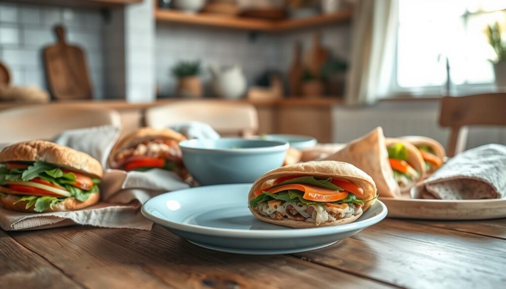 A picnic-ready spread of artisanal sandwiches and wraps, neatly arranged on a wooden table in a cozy kitchen. Freshly baked bread, crisp vegetables, and delectable fillings layered with care, casting soft shadows under the warm, natural light filtering through the window. A light blue ceramic plate adds a pop of color, complementing the rustic wooden textures and accents. The scene conveys a sense of simplicity, wholesomeness, and the joy of al fresco dining on a summer day.
