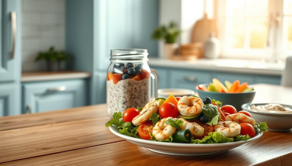 A picturesque assortment of high-protein, no-cook meals displayed on a wooden table against a backdrop of a minimalist kitchen with light blue accents. In the foreground, a plate showcases grilled chicken and shrimp salad with avocado, cherry tomatoes, and a citrus vinaigrette. In the middle ground, a mason jar contains a creamy protein-rich chia pudding layered with fresh berries. In the background, a plate of crisp veggie sticks and a small bowl of hummus complete the balanced, nutritious spread, illuminated by soft, natural lighting from a large window.