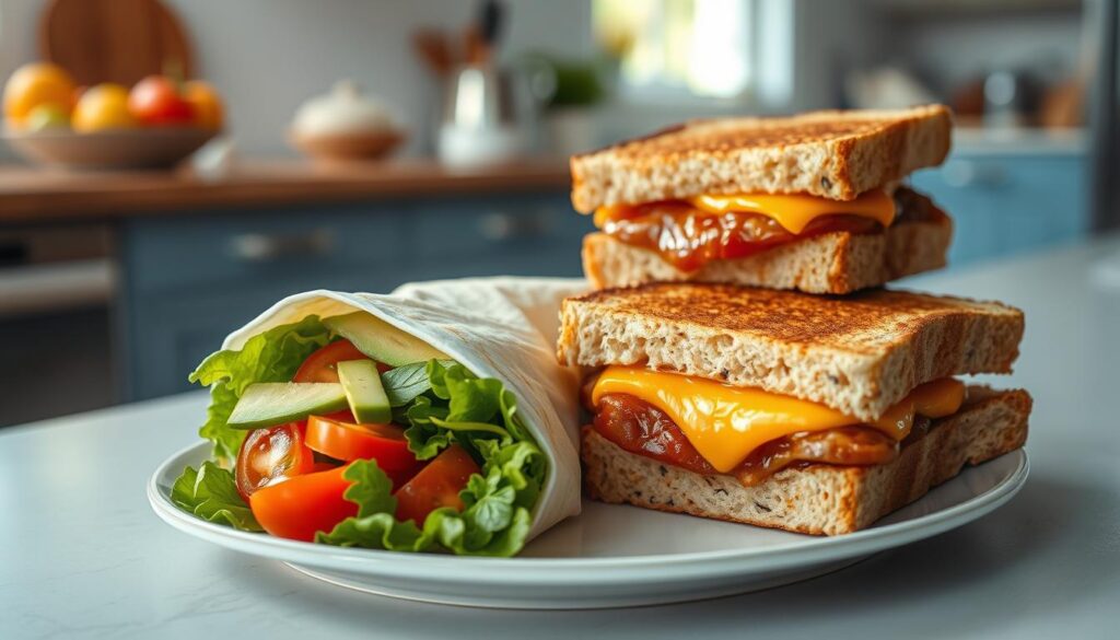 A plate filled with an assortment of easy-to-prepare wraps and sandwiches, including a colorful veggie wrap with crisp lettuce, juicy tomatoes, and creamy avocado, as well as a classic grilled cheese sandwich with melted cheddar cheese on whole grain bread. In the background, a minimal kitchen with light blue accents and wooden textures, bathed in soft, natural lighting. The arrangement is visually appealing and approachable, inviting the viewer to imagine assembling these quick, nutritious, and satisfying cold lunch options.