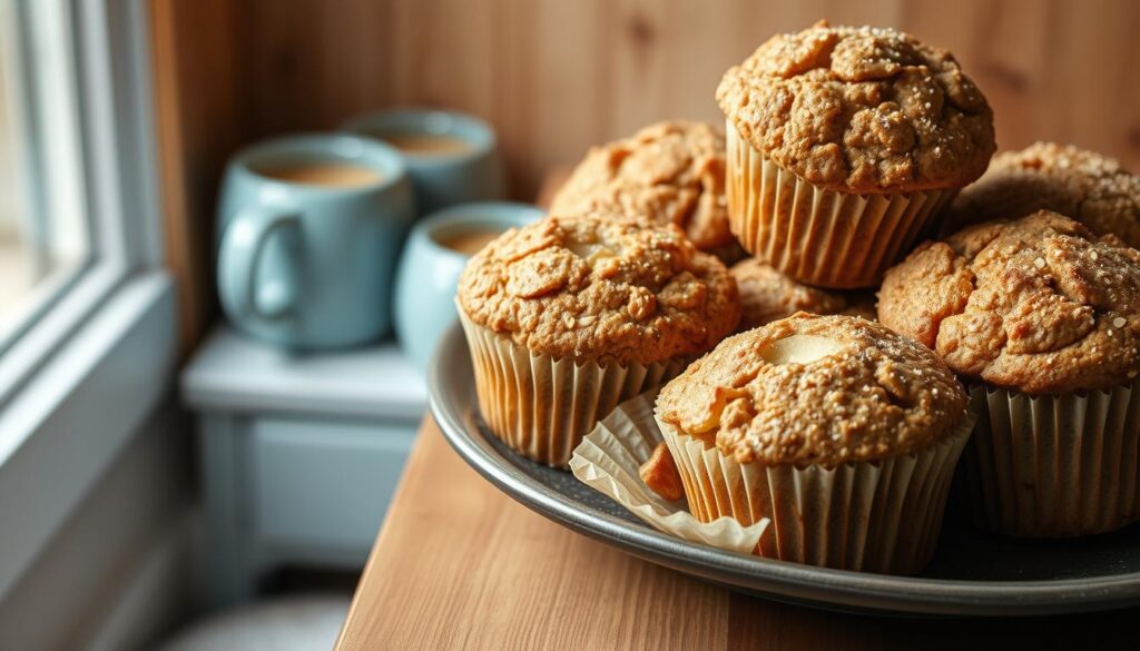 A plate of freshly baked apple oatmeal muffins, their golden-brown tops dusted with a light sprinkling of cinnamon sugar, sits atop a wooden kitchen counter. The muffins are arranged in an inviting, rustic display, their moist interiors visible through the delicate, crackled muffin liners. Soft, natural lighting from a nearby window casts a warm glow, highlighting the tender oat-flecked crumb and the juicy, caramelized apple chunks nestled within each muffin. The scene is set against a backdrop of a cozy, minimal kitchen environment with wooden textures and light blue accents, creating a tranquil and appetizing atmosphere.