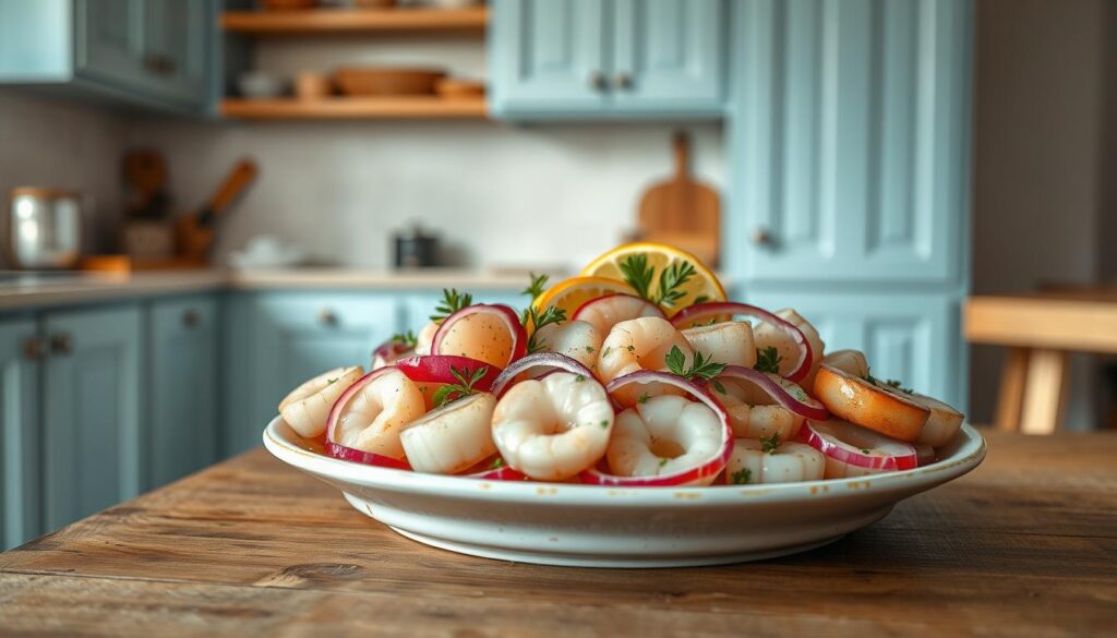 A platter of artfully arranged acid-marinated seafood delicacies sits atop a rustic wooden table in a cozy, minimal kitchen. Translucent slices of octopus, scallops, and thinly sliced yellowtail are bathed in a vibrant citrus marinade, accented by slivers of red onion, fresh herbs, and a drizzle of peppery olive oil. The soft, indirect lighting highlights the delicate textures and jewel-toned hues of the seafood, creating an inviting and mouthwatering scene. The simple, uncluttered background with light blue cabinetry and warm wooden tones allows the seafood to take center stage, showcasing its natural beauty.
