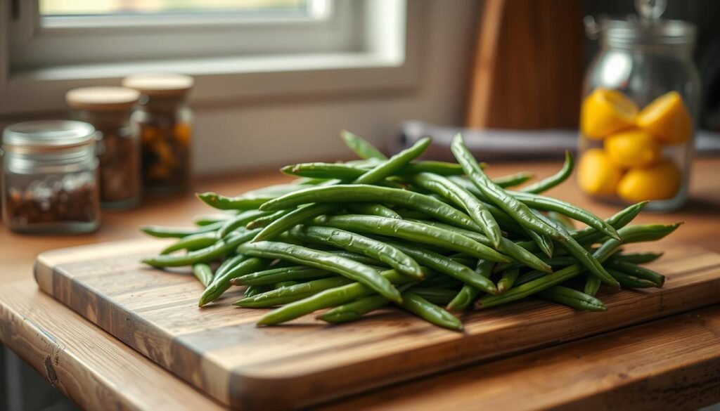 A platter of freshly steamed green beans, glistening with a light drizzle of olive oil, arranged artfully on a wooden cutting board. The vibrant emerald hue pops against the warm, rustic tones of the kitchen counter, where a few simple spice jars and a small glass jar of lemon wedges add subtle accents. Soft, diffused lighting from a nearby window casts a gentle glow, highlighting the delicate texture of the beans. The overall composition conveys a sense of effortless, healthy meal preparation - perfect for a busy weeknight when time is limited but nourishment is paramount.