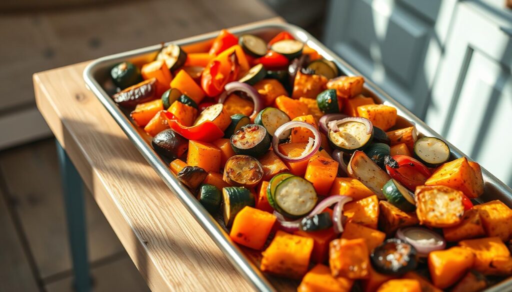 A platter of roasted vegetable medley, including sweet potatoes, bell peppers, zucchini, and red onions, arranged in a visually appealing composition on a rustic wooden table. The vegetables are caramelized and crisp, with a light dusting of herbs and spices. The scene is bathed in warm, natural lighting, casting gentle shadows and highlights that accentuate the textures. The minimal kitchen setting features light blue accents and clean, wooden surfaces, creating a cozy and inviting atmosphere. The focus is on the vibrant colors and satisfying textures of the roasted vegetables, showcasing their versatility as the stars of a sheet pan dinner.
