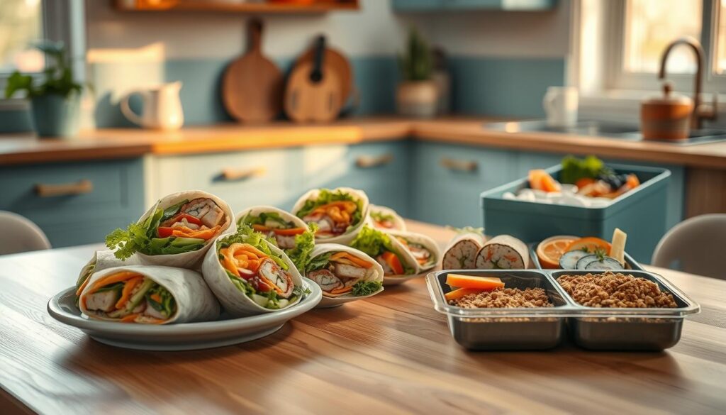 A platter of various no-cook wraps and bento boxes artfully arranged on a wooden table in a cozy, minimalist kitchen. The wraps feature fresh, vibrant ingredients like crisp veggies, creamy hummus, and tender protein, wrapped in soft tortillas. The bento boxes showcase an assortment of nourishing, visually appealing components such as sushi rolls, fresh fruit, crunchy veggie sticks, and nutty granola. Warm, natural lighting casts a gentle glow, highlighting the textures and colors of the dishes. Light blue accents and wooden surfaces create a serene, inviting atmosphere, perfect for an effortless, no-cook meal prep.