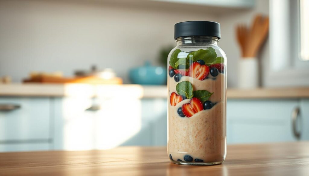 A portable, glass smoothie bottle filled with a vibrant, creamy blend of fresh fruit, leafy greens, and yogurt sits on a wooden kitchen counter. Soft, natural light filters through a nearby window, casting a warm glow on the scene. The bottle's minimalist design features a sleek, matte black lid, complementing the light blue accents of the kitchen decor. The smoothie's inviting hue and frothy texture suggest a nourishing, on-the-go breakfast option, perfect for a busy morning routine.