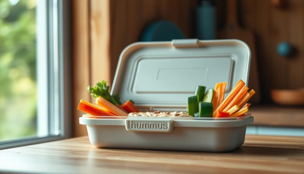 A portable lunch box with a compartmentalized design, featuring a creamy hummus dip in the center, surrounded by an arrangement of fresh, crisp vegetables - carrot sticks, cucumber slices, and bell pepper strips. The box is made of a light, sustainable material, with a modern, minimalist aesthetic. Soft, natural lighting filters through a window, casting gentle shadows and highlights on the vibrant produce. The scene is set against a backdrop of warm, rustic wood tones and subtle blue accents, creating a cozy, inviting atmosphere in a simple, uncluttered kitchen.
