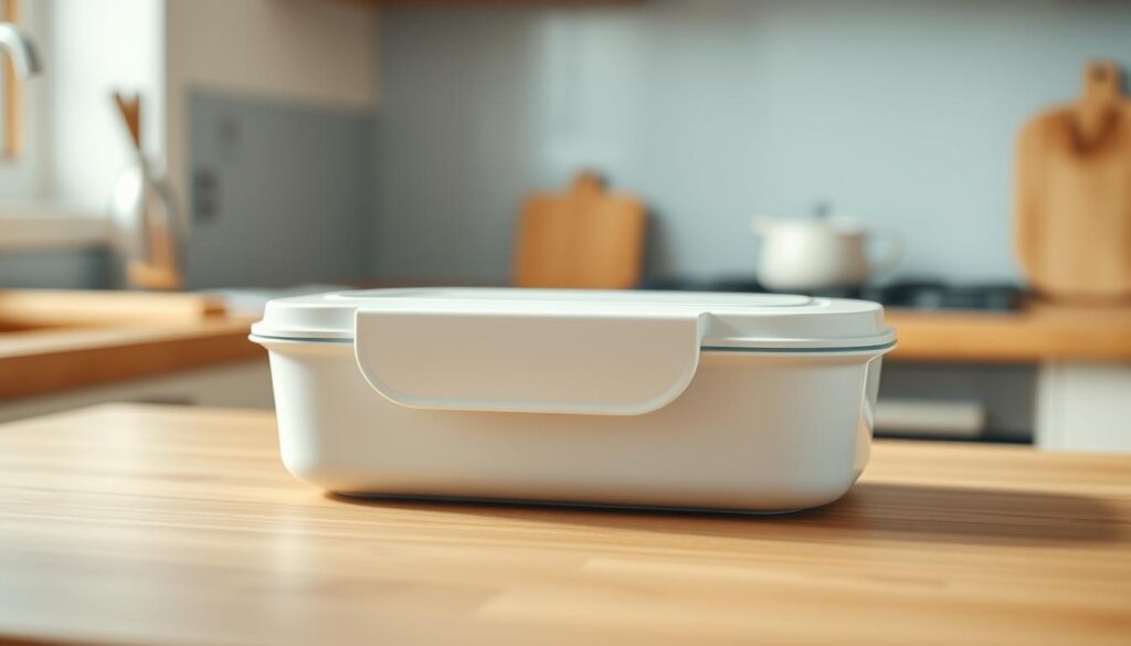 A pristine dual compartment food storage container sits atop a wooden countertop, its sleek white exterior accentuated by gentle light blue accents. The container's two distinct sections are visible, allowing for the organization of different meal components. The minimalist kitchen setting, with warm wooden tones and muted blue hues, creates a cozy and inviting atmosphere, highlighting the practical functionality of the high-quality meal prep container. Soft, diffused lighting from an unseen source casts a gentle glow, emphasizing the container's clean lines and thoughtful design.