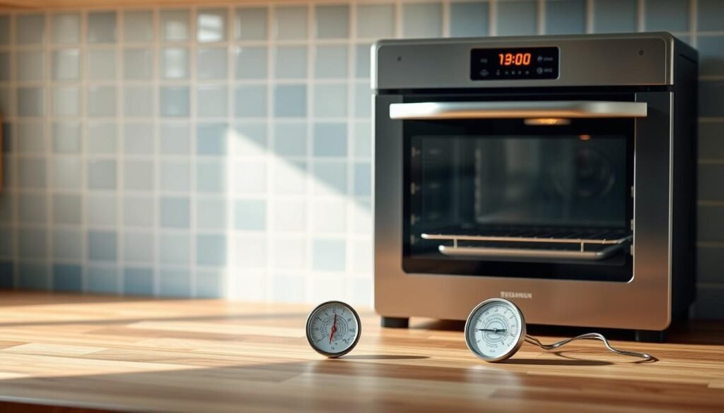 A pristine kitchen counter, its surface a mosaic of wood grain and light blue tiles. Atop it, a sleek, silver oven, its digital display aglow with a temperature reading. Beside it, a trusty oven thermometer, its mercury column precisely calibrated, casting a warm glow in the soft, diffused lighting. The scene exudes a sense of order and precision, inviting the viewer to explore the intricacies of heat management and timing techniques for the perfect sheet pan dinner.