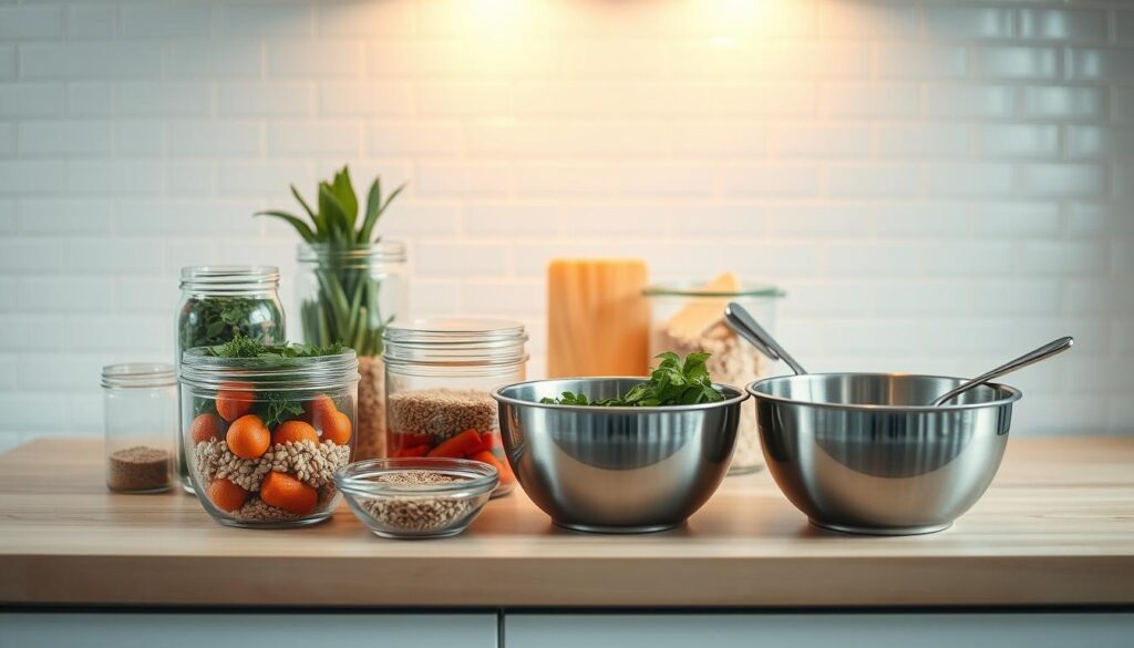 A pristine kitchen counter with a light wood surface, clean lined and calming. On it, glass containers filled with various ingredients - fresh vegetables, herbs, and grains. Next to them, a set of metal mixing bowls, each containing a different meal component, ready to be combined and portioned. Overhead, warm, diffused lighting casts a soft glow, highlighting the process of meal prep unfolding. In the background, a minimalist, light blue tiled wall provides a serene backdrop, emphasizing the methodical, intentional nature of this step-by-step freezer meal preparation. The composition guides the viewer's eye through the organized stages of this culinary endeavor.
