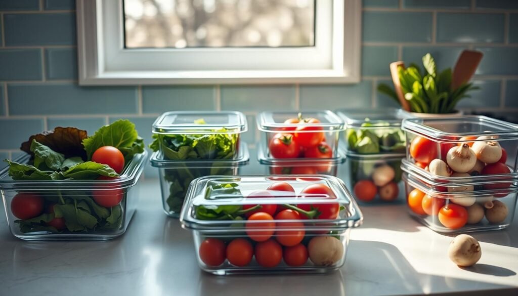 A pristine kitchen countertop with sleek, transparent glass meal prep containers filled with a vibrant array of fresh produce - leafy greens, juicy tomatoes, crisp bell peppers, and succulent mushrooms. The containers are neatly arranged in a visually appealing grid, casting soft, even shadows on the light blue backsplash tiles. Natural daylight filters in through a nearby window, illuminating the scene with a warm, inviting glow. The overall atmosphere exudes a sense of organization, health, and culinary inspiration, perfectly capturing the essence of 