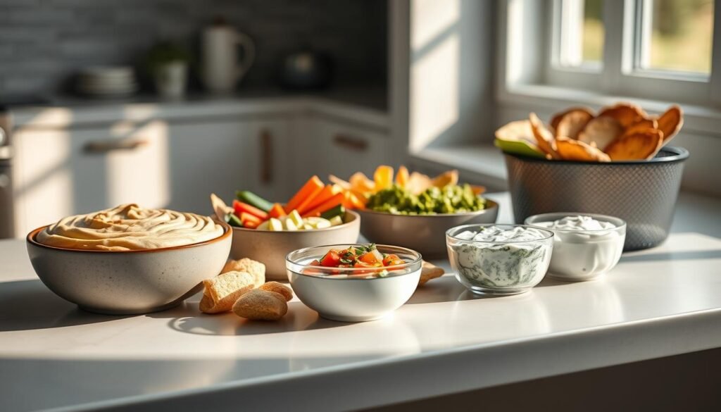 A pristine, minimalist kitchen countertop with a selection of modern meal prep dips arranged artfully. Smooth hummus, zesty guacamole, and creamy tzatziki in sleek ceramic bowls, accompanied by an assortment of fresh veggies, crisp pita chips, and toasted flatbread. Soft, natural lighting casts a warm glow, highlighting the earthy tones and textures of the ingredients. The scene exudes a sense of simplicity and health-consciousness, capturing the essence of 
