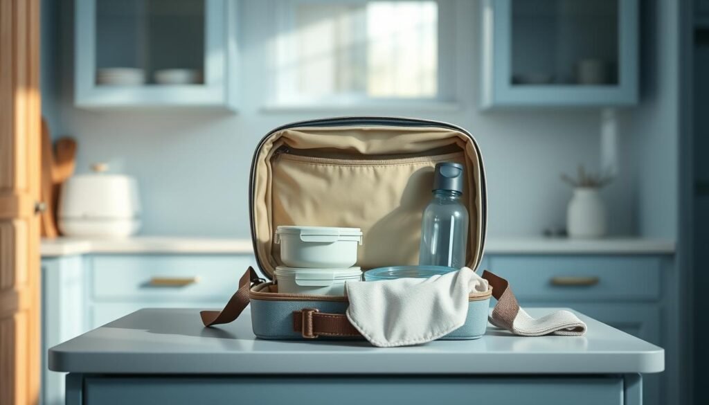 A pristine, minimalist kitchen in soft blue hues, with wooden accents exuding a sense of warmth. On the countertop, a well-loved lunchbox sits open, its contents neatly arranged - reusable containers, a sturdy water bottle, and a cleaning cloth. The indirect lighting casts a gentle glow, highlighting the meticulous maintenance of this essential mealtime companion. The composition emphasizes the importance of care and longevity when it comes to insulated food storage solutions for on-the-go dining.