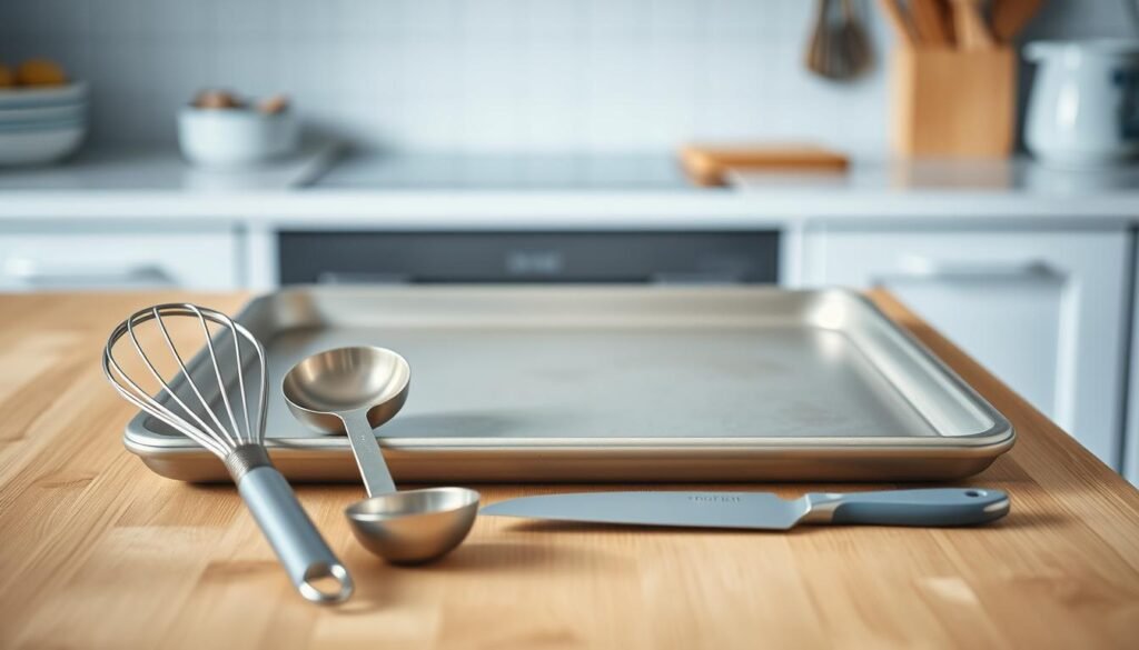 A pristine rimmed baking sheet rests on a wooden counter, surrounded by an array of essential prep tools. In the foreground, a sturdy metal whisk, a set of precise measuring spoons, and a slender silicone spatula stand ready. In the middle ground, a sharp chef's knife and a small cutting board invite culinary tasks. Subtle light blue accents in the minimal kitchen lend a calming atmosphere, while the warm wooden textures create a cozy, inviting ambiance. The scene is captured in a soft, natural lighting, emphasizing the functional yet elegant arrangement of the essential tools for sheet pan meal preparation.