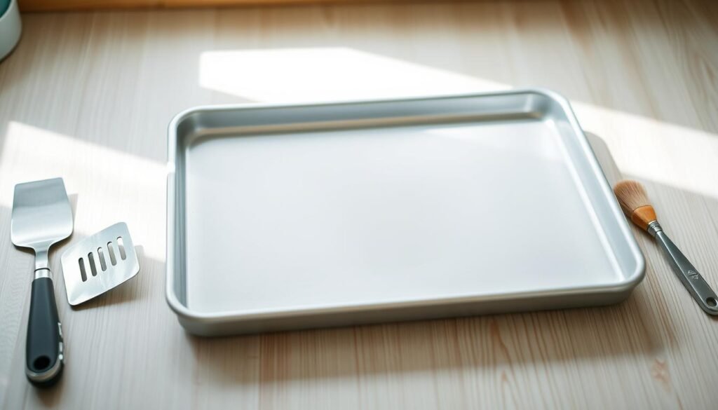 A pristine sheet pan takes center stage, surrounded by essential cooking tools - a stainless steel spatula, a pair of tongs, and a basting brush. The kitchen counter is adorned with light blue accents, complementing the warm wooden textures that create a cozy, minimal ambiance. Soft, diffused lighting gently illuminates the scene, casting subtle shadows and highlighting the intricate details of the equipment. The composition draws the viewer's attention to the versatility and convenience of sheet pan cooking, hinting at the effortless meal preparation that awaits in this well-organized culinary workspace.